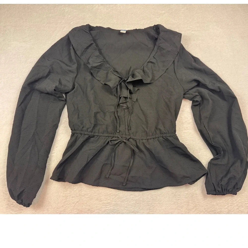 Old Navy Black Clip Dot Ruffle Tie Front Peplum Blouse M Tall 751868-00-1